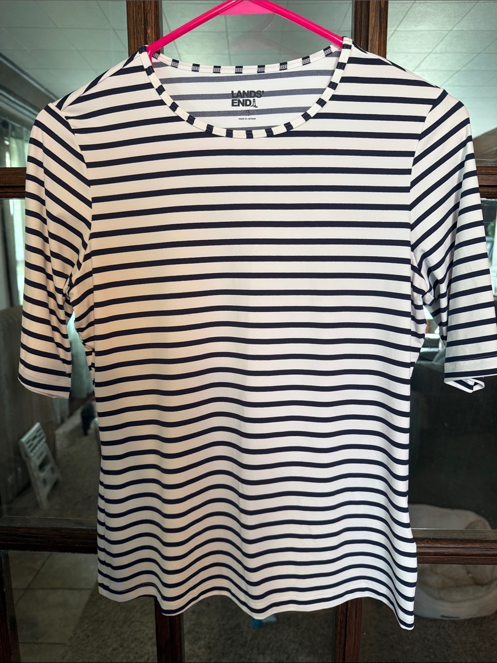 Lands End Navy Blue White Striped Elbow Sleeve Crew Neck Top XS 2-4